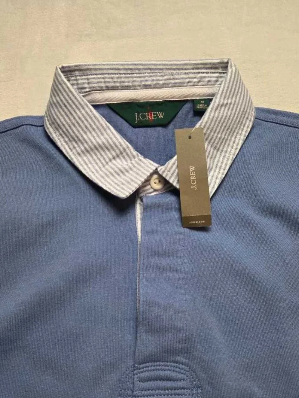 New M J.Crew rugby shirt with striped oxford collar blue longsleve polo